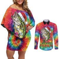 Funny Fishmas Bass Couples Matching Off Shoulder Short Dress and Long Sleeve Button Shirt Merry Fishmas Tie-dye Christmas Vibes - Wonder Print Shop