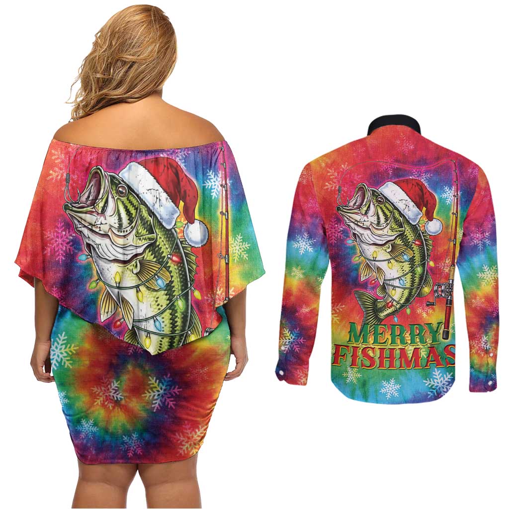 Funny Fishmas Bass Couples Matching Off Shoulder Short Dress and Long Sleeve Button Shirt Merry Fishmas Tie-dye Christmas Vibes - Wonder Print Shop