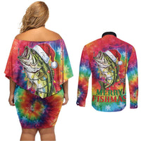 Funny Fishmas Bass Couples Matching Off Shoulder Short Dress and Long Sleeve Button Shirt Merry Fishmas Tie-dye Christmas Vibes - Wonder Print Shop