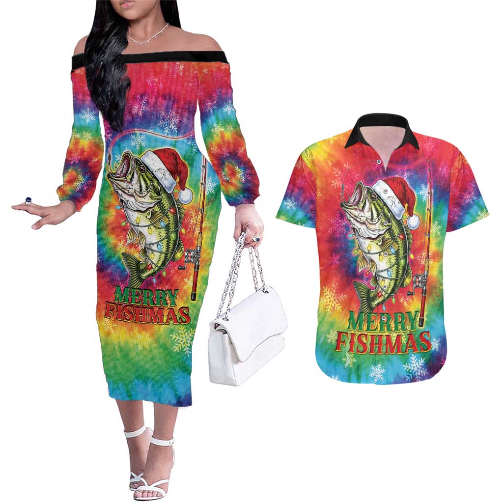 Funny Fishmas Bass Couples Matching Off The Shoulder Long Sleeve Dress and Hawaiian Shirt Merry Fishmas Tie-dye Christmas Vibes - Wonder Print Shop