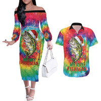Funny Fishmas Bass Couples Matching Off The Shoulder Long Sleeve Dress and Hawaiian Shirt Merry Fishmas Tie-dye Christmas Vibes - Wonder Print Shop