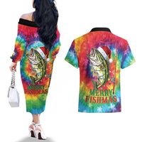 Funny Fishmas Bass Couples Matching Off The Shoulder Long Sleeve Dress and Hawaiian Shirt Merry Fishmas Tie-dye Christmas Vibes - Wonder Print Shop