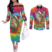 Funny Fishmas Bass Couples Matching Off The Shoulder Long Sleeve Dress and Long Sleeve Button Shirt Merry Fishmas Tie-dye Christmas Vibes - Wonder Print Shop