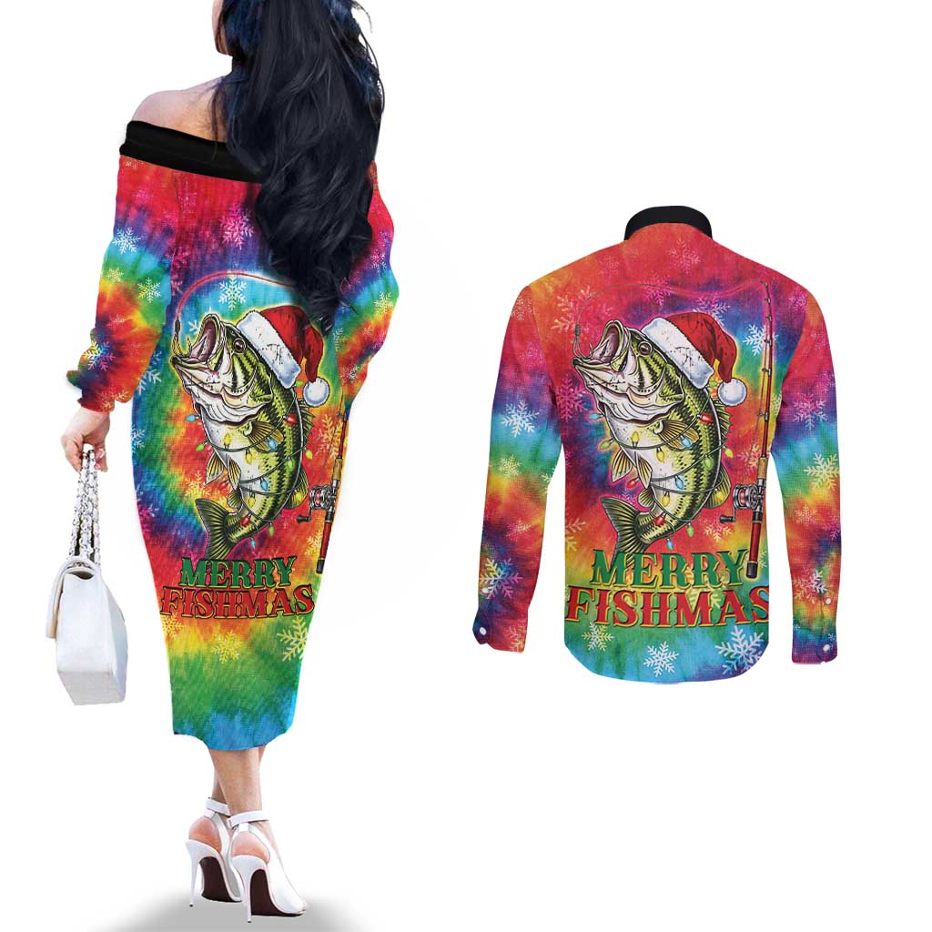 Funny Fishmas Bass Couples Matching Off The Shoulder Long Sleeve Dress and Long Sleeve Button Shirt Merry Fishmas Tie-dye Christmas Vibes - Wonder Print Shop