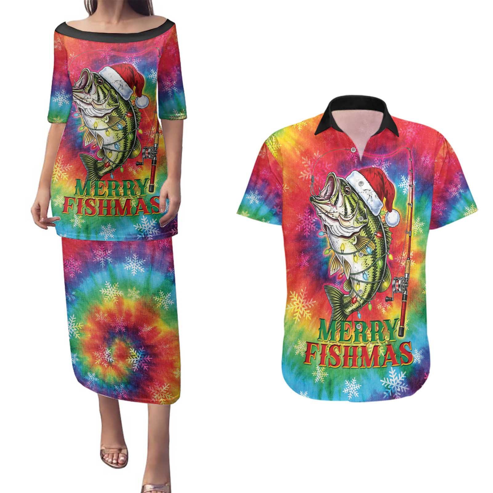Funny Fishmas Bass Couples Matching Puletasi and Hawaiian Shirt Merry Fishmas Tie-dye Christmas Vibes - Wonder Print Shop