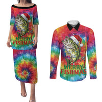 Funny Fishmas Bass Couples Matching Puletasi and Long Sleeve Button Shirt Merry Fishmas Tie-dye Christmas Vibes - Wonder Print Shop