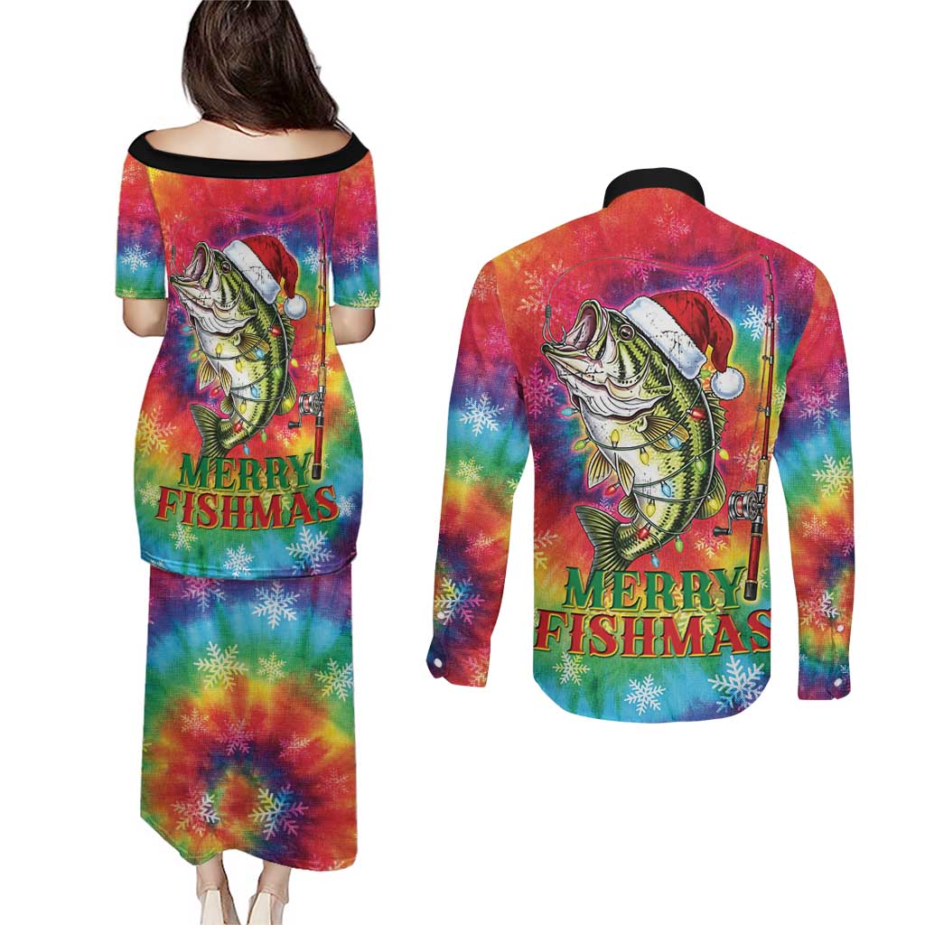 Funny Fishmas Bass Couples Matching Puletasi and Long Sleeve Button Shirt Merry Fishmas Tie-dye Christmas Vibes - Wonder Print Shop