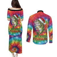 Funny Fishmas Bass Couples Matching Puletasi and Long Sleeve Button Shirt Merry Fishmas Tie-dye Christmas Vibes - Wonder Print Shop