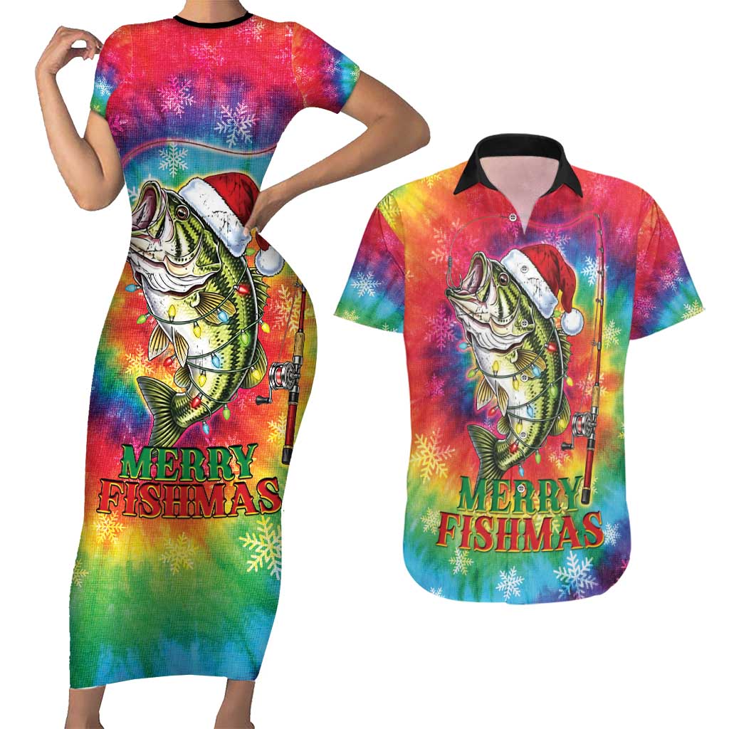 Funny Fishmas Bass Couples Matching Short Sleeve Bodycon Dress and Hawaiian Shirt Merry Fishmas Tie-dye Christmas Vibes - Wonder Print Shop