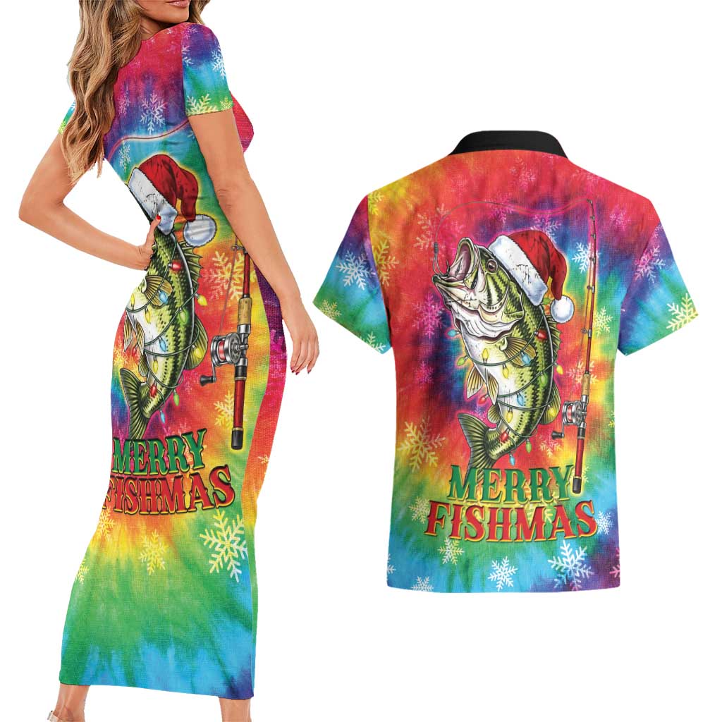 Funny Fishmas Bass Couples Matching Short Sleeve Bodycon Dress and Hawaiian Shirt Merry Fishmas Tie-dye Christmas Vibes - Wonder Print Shop