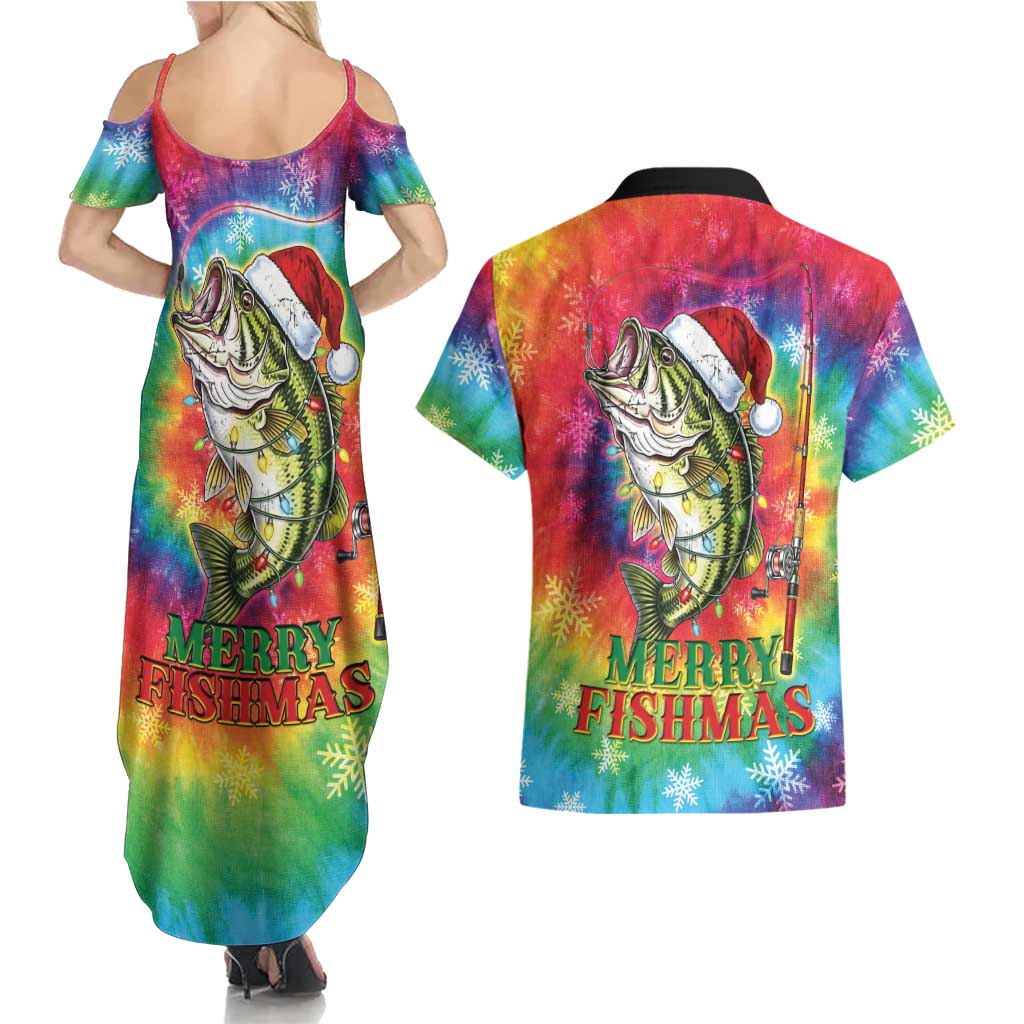 Funny Fishmas Bass Couples Matching Summer Maxi Dress and Hawaiian Shirt Merry Fishmas Tie-dye Christmas Vibes - Wonder Print Shop