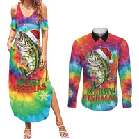 Funny Fishmas Bass Couples Matching Summer Maxi Dress and Long Sleeve Button Shirt Merry Fishmas Tie-dye Christmas Vibes - Wonder Print Shop