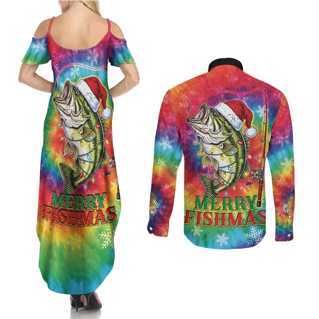 Funny Fishmas Bass Couples Matching Summer Maxi Dress and Long Sleeve Button Shirt Merry Fishmas Tie-dye Christmas Vibes - Wonder Print Shop