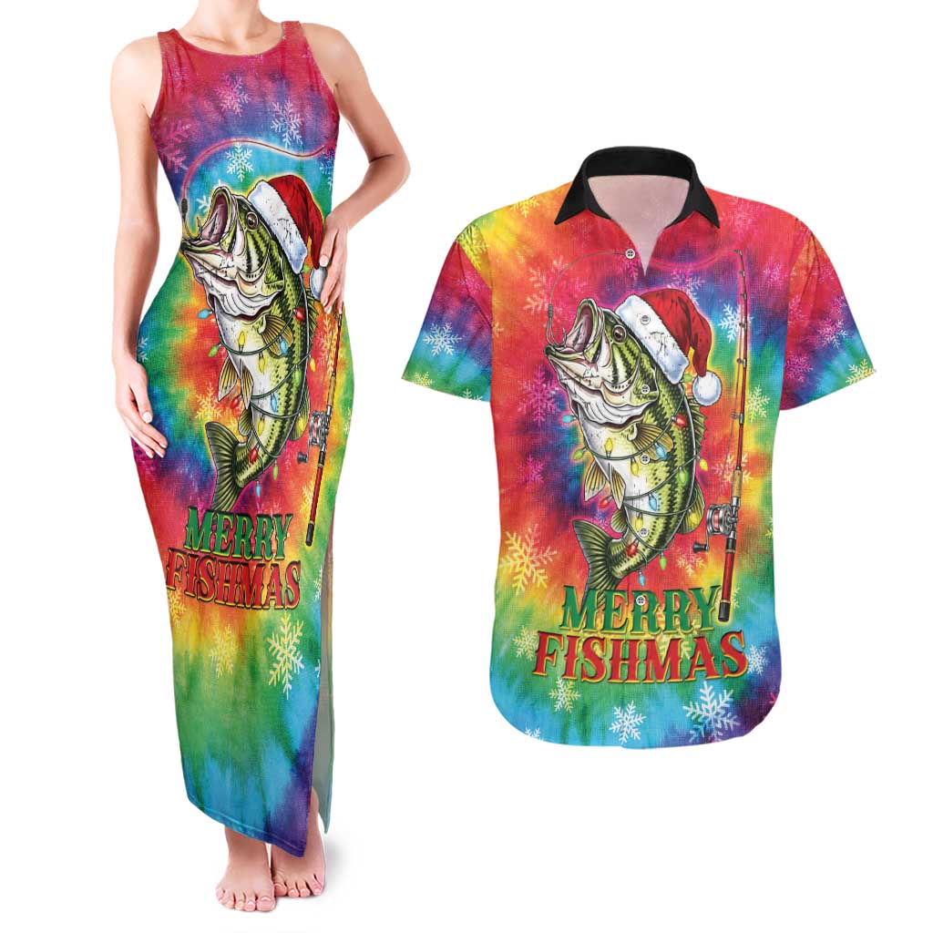 Funny Fishmas Bass Couples Matching Tank Maxi Dress and Hawaiian Shirt Merry Fishmas Tie-dye Christmas Vibes - Wonder Print Shop
