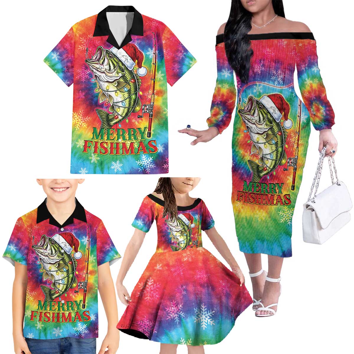 Funny Fishmas Bass Family Matching Off The Shoulder Long Sleeve Dress and Hawaiian Shirt Merry Fishmas Tie-dye Christmas Vibes - Wonder Print Shop