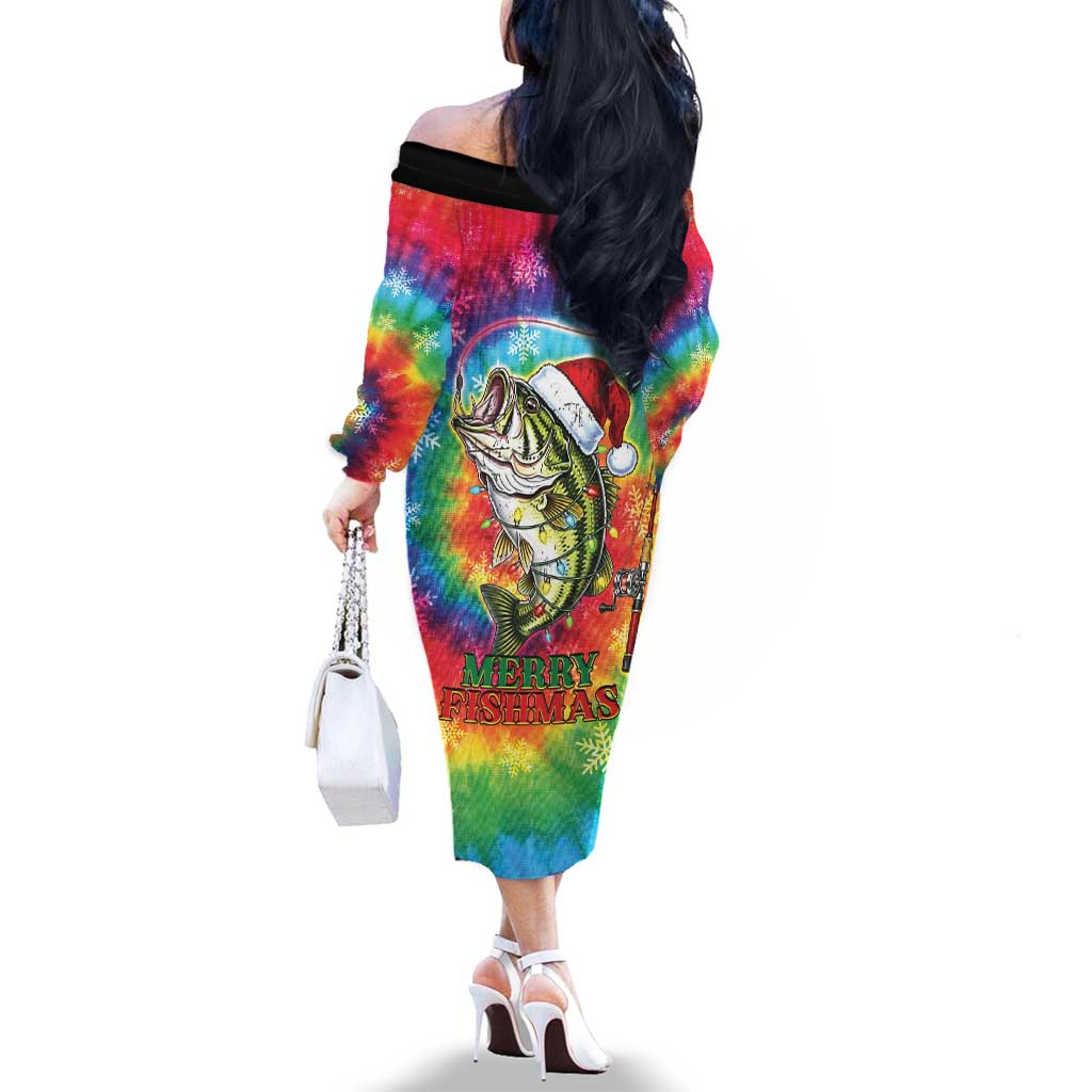 Funny Fishmas Bass Family Matching Off The Shoulder Long Sleeve Dress and Hawaiian Shirt Merry Fishmas Tie-dye Christmas Vibes - Wonder Print Shop