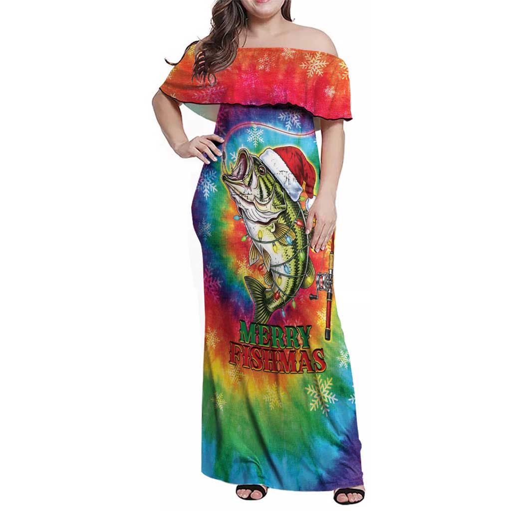 Funny Fishmas Bass Family Matching Off Shoulder Maxi Dress and Hawaiian Shirt Merry Fishmas Tie-dye Christmas Vibes - Wonder Print Shop