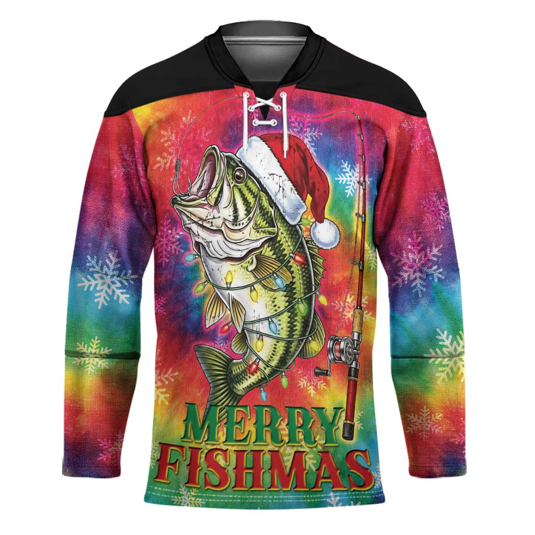 Funny Fishmas Bass Hockey Jersey Merry Fishmas Tie-dye Christmas Vibes - Wonder Print Shop
