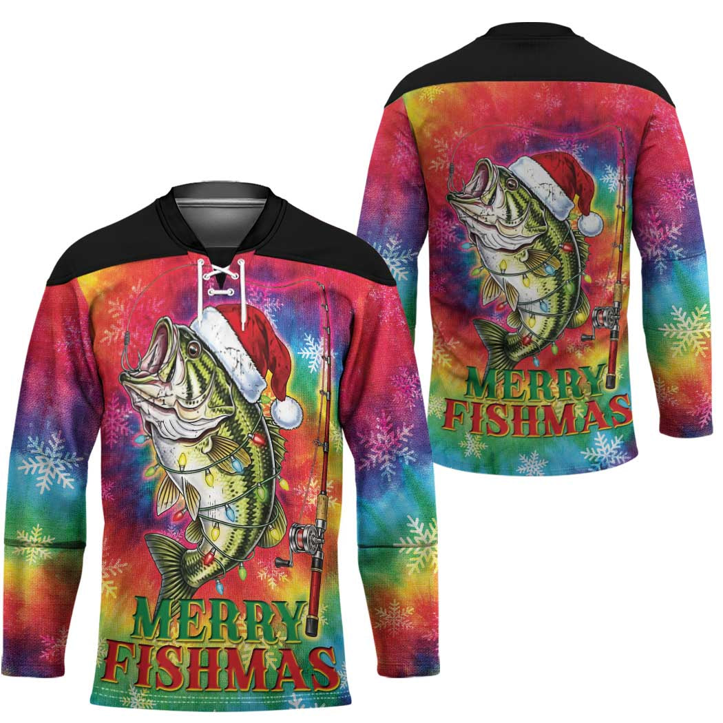 Funny Fishmas Bass Hockey Jersey Merry Fishmas Tie-dye Christmas Vibes - Wonder Print Shop