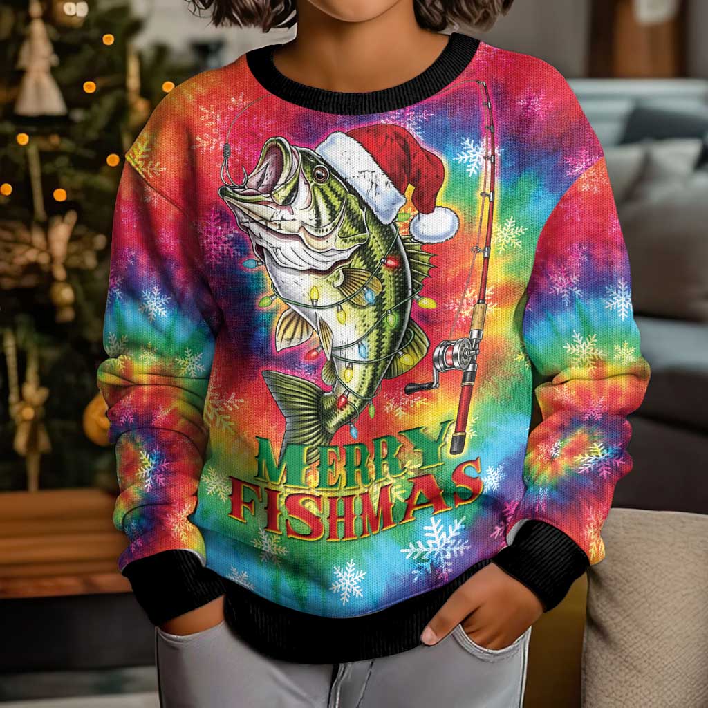 Funny Fishmas Bass Kid Ugly Christmas Sweater Merry Fishmas Tie-dye Christmas Vibes - Wonder Print Shop
