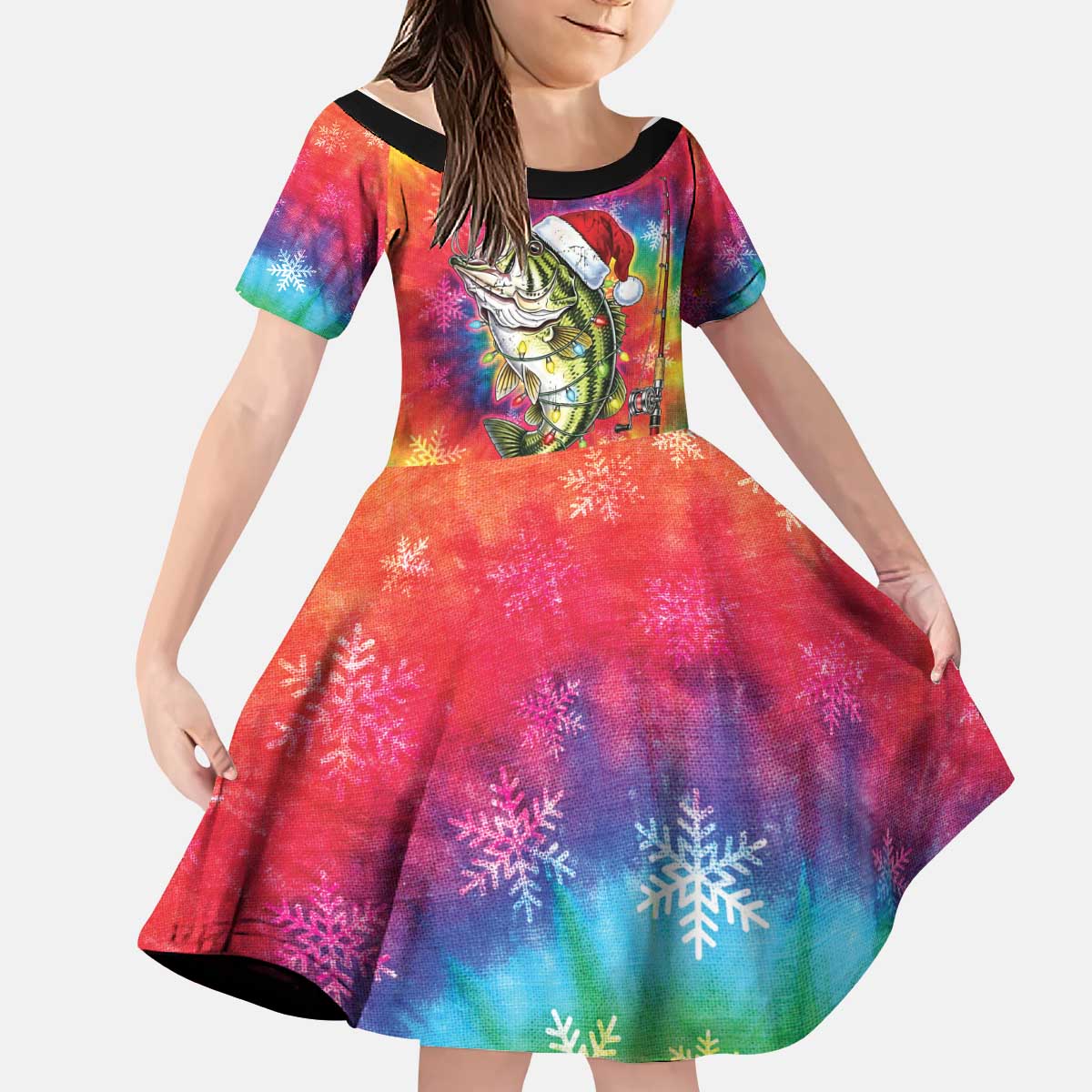 Funny Fishmas Bass Kid Short Sleeve Dress Merry Fishmas Tie-dye Christmas Vibes - Wonder Print Shop