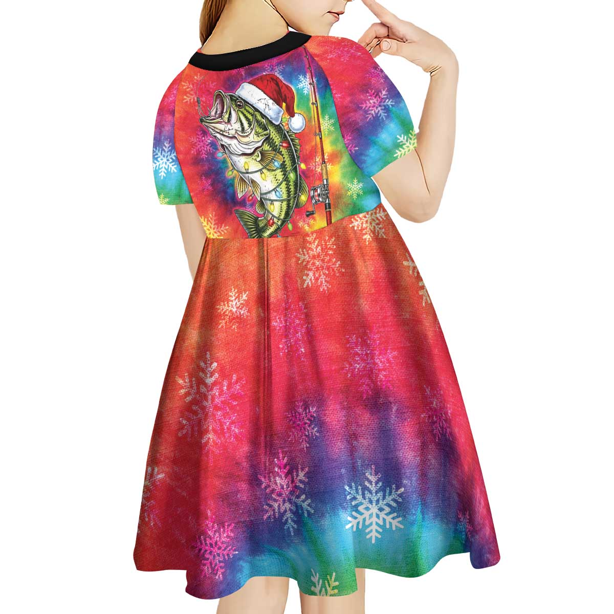 Funny Fishmas Bass Kid Short Sleeve Dress Merry Fishmas Tie-dye Christmas Vibes - Wonder Print Shop