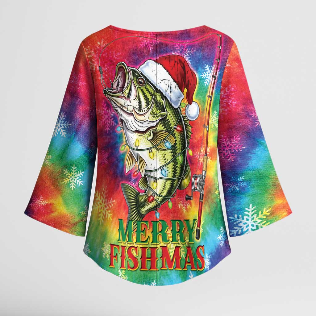 Funny Fishmas Bass Kimono Sleeve Blouse Merry Fishmas Tie-dye Christmas Vibes - Wonder Print Shop