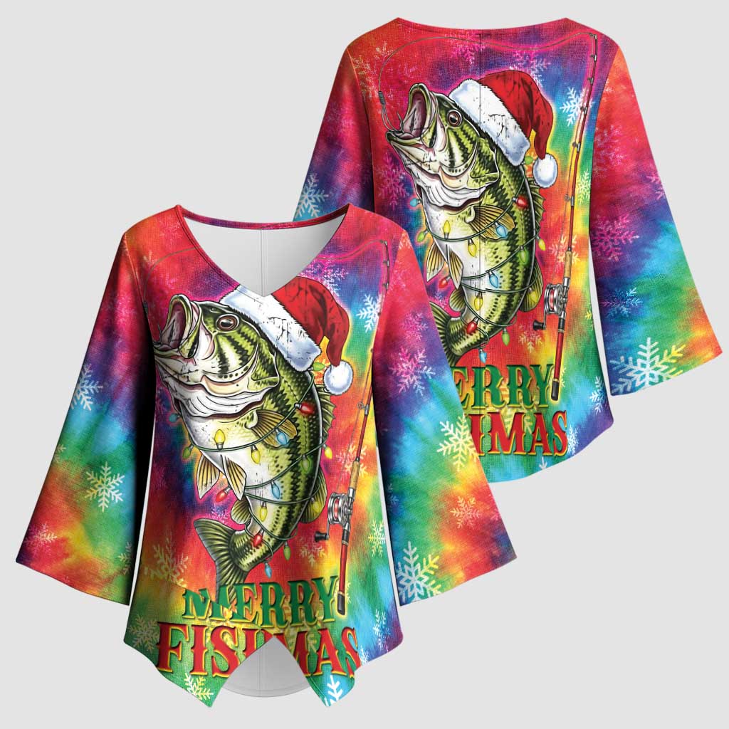 Funny Fishmas Bass Kimono Sleeve Blouse Merry Fishmas Tie-dye Christmas Vibes - Wonder Print Shop