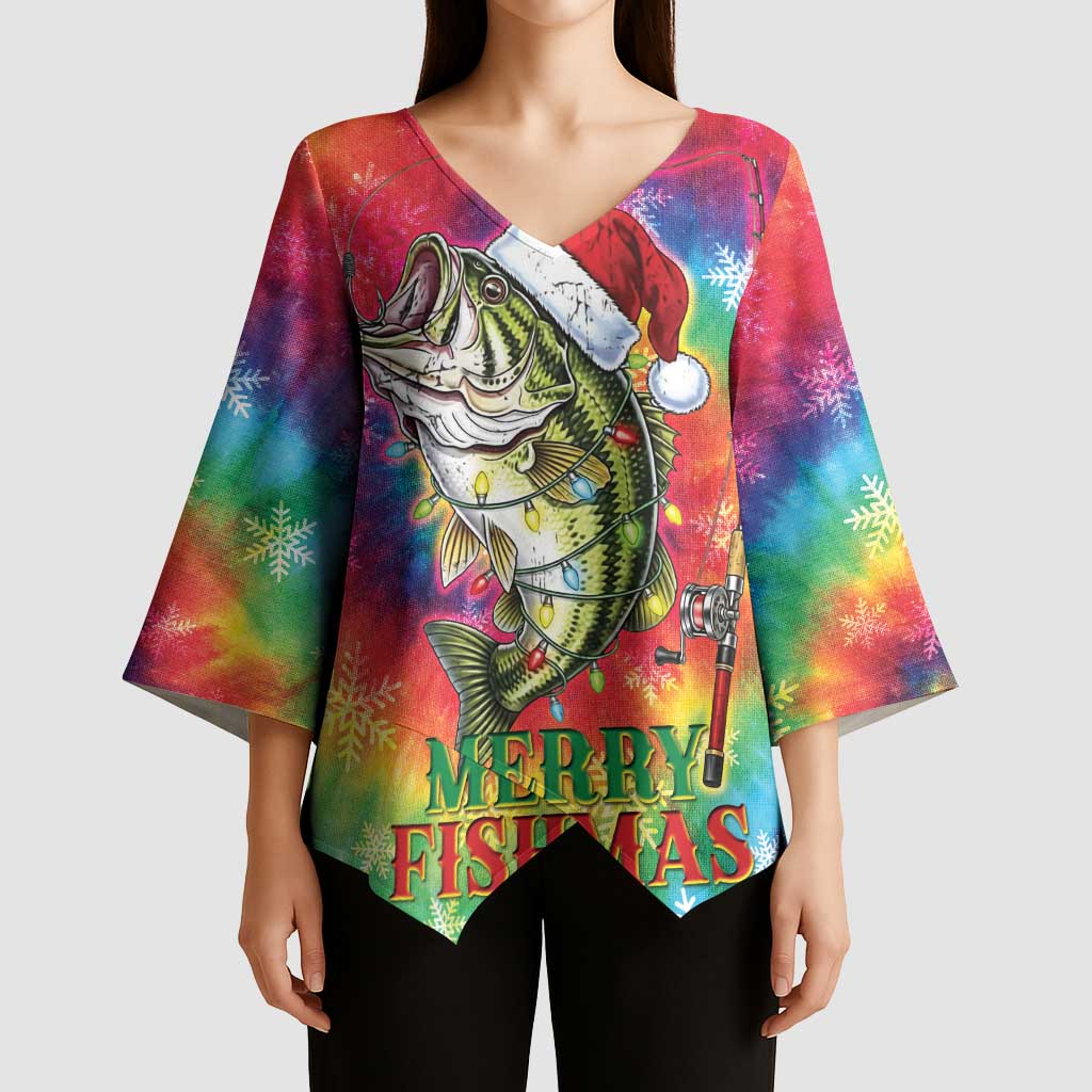 Funny Fishmas Bass Kimono Sleeve Blouse Merry Fishmas Tie-dye Christmas Vibes - Wonder Print Shop
