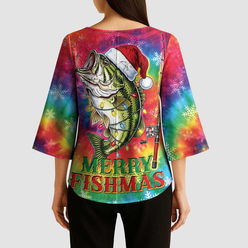 Funny Fishmas Bass Kimono Sleeve Blouse Merry Fishmas Tie-dye Christmas Vibes - Wonder Print Shop