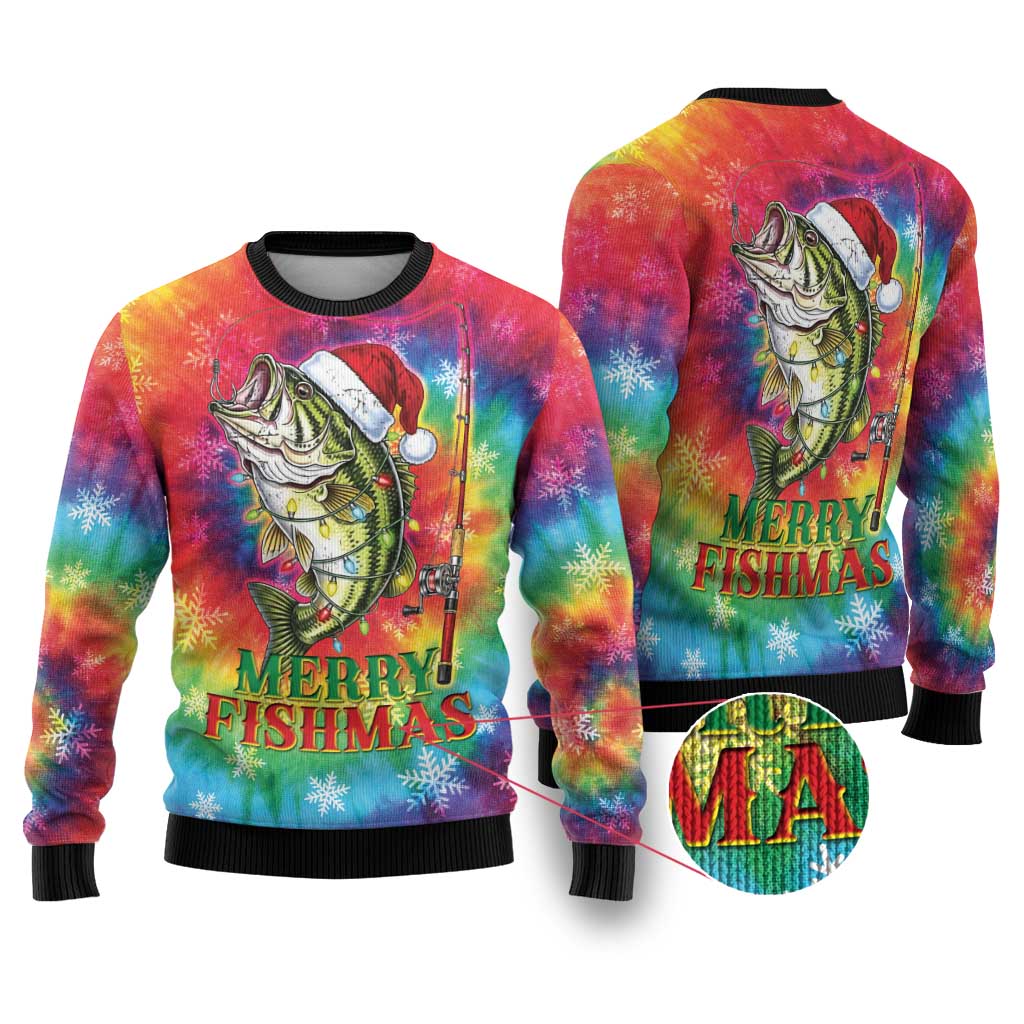 Funny Fishmas Bass Ugly Christmas Sweater Merry Fishmas Tie-dye Christmas Vibes - Wonder Print Shop