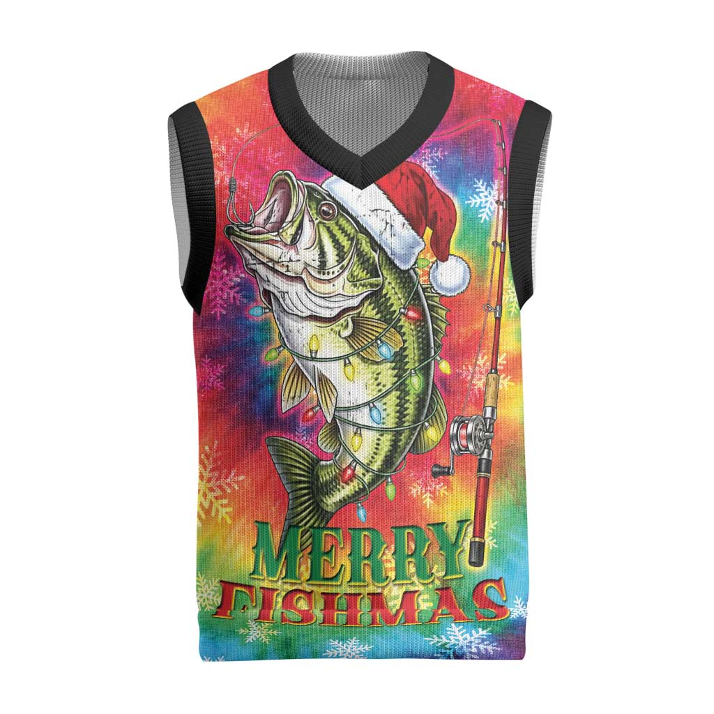 Funny Fishmas Bass Christmas Knitted V-Neck Vest Merry Fishmas Tie-dye Christmas Vibes - Wonder Print Shop