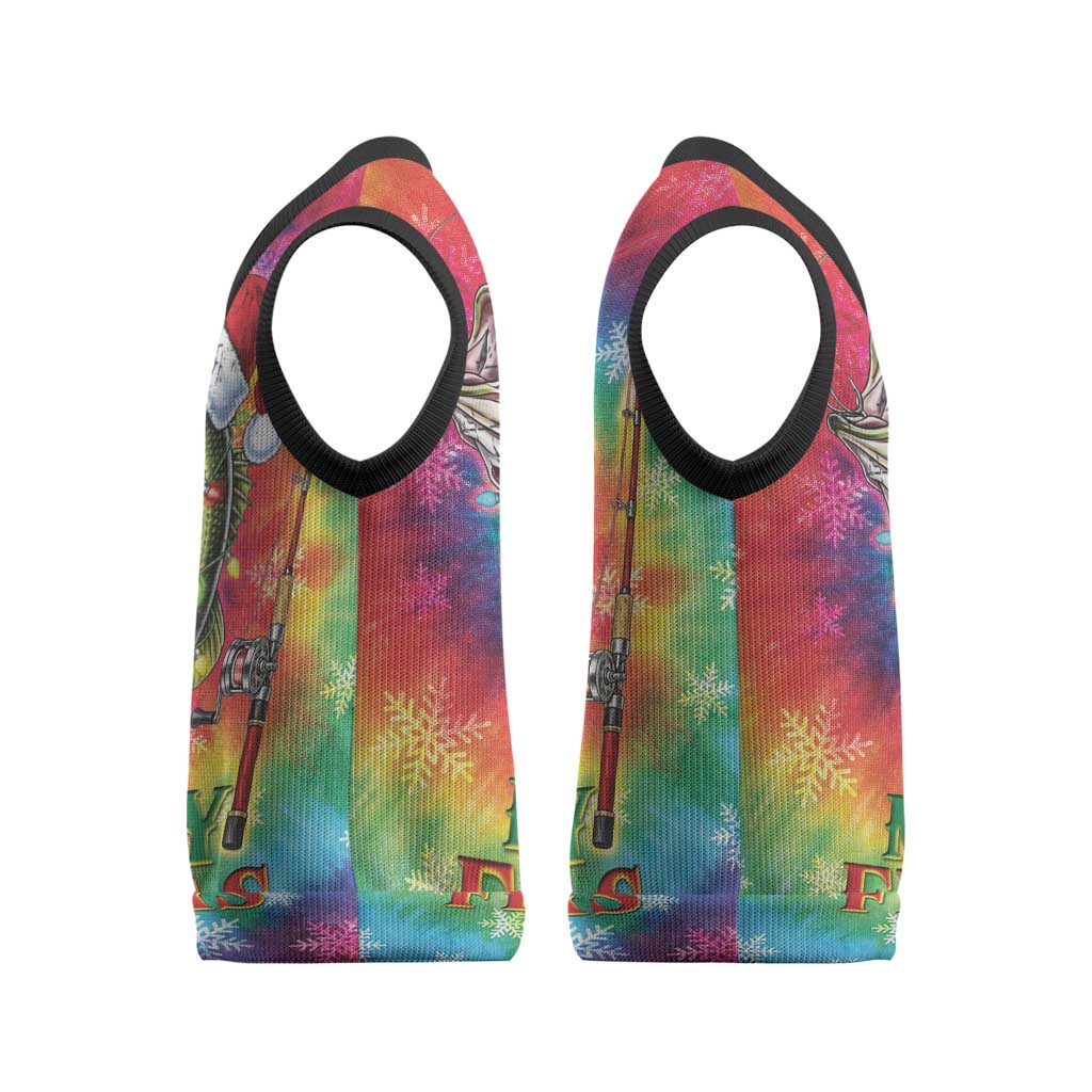 Funny Fishmas Bass Christmas Knitted V-Neck Vest Merry Fishmas Tie-dye Christmas Vibes - Wonder Print Shop