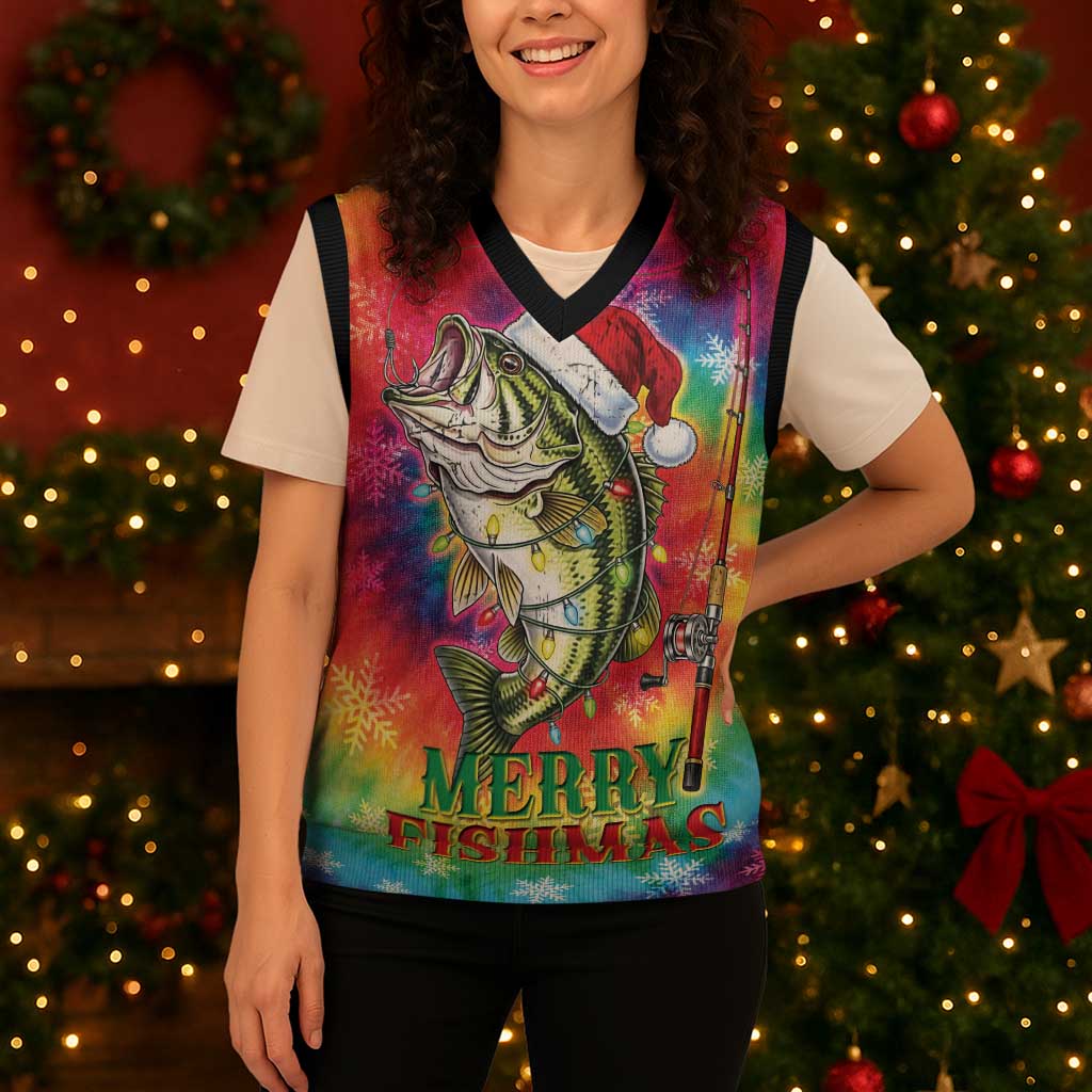 Funny Fishmas Bass Christmas Knitted V-Neck Vest Merry Fishmas Tie-dye Christmas Vibes - Wonder Print Shop