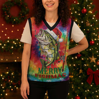 Funny Fishmas Bass Christmas Knitted V-Neck Vest Merry Fishmas Tie-dye Christmas Vibes - Wonder Print Shop