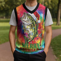 Funny Fishmas Bass Christmas Knitted V-Neck Vest Merry Fishmas Tie-dye Christmas Vibes - Wonder Print Shop