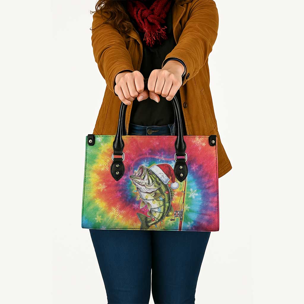 Funny Fishmas Bass Leather Bag Merry Fishmas Tie-dye Christmas Vibes - Wonder Print Shop