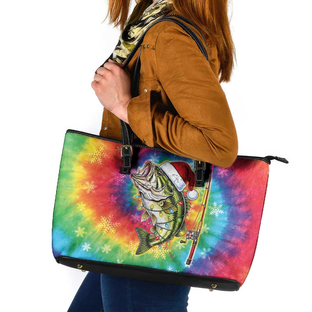 Funny Fishmas Bass Leather Tote Bag Merry Fishmas Tie-dye Christmas Vibes - Wonder Print Shop