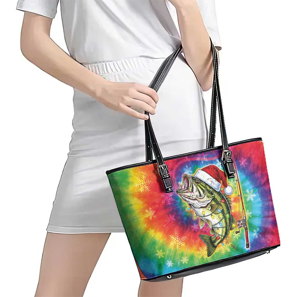 Funny Fishmas Bass Leather Tote Bag Merry Fishmas Tie-dye Christmas Vibes - Wonder Print Shop