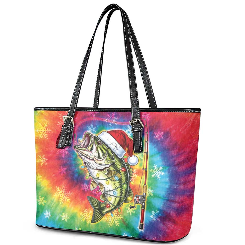 Funny Fishmas Bass Leather Tote Bag Merry Fishmas Tie-dye Christmas Vibes - Wonder Print Shop