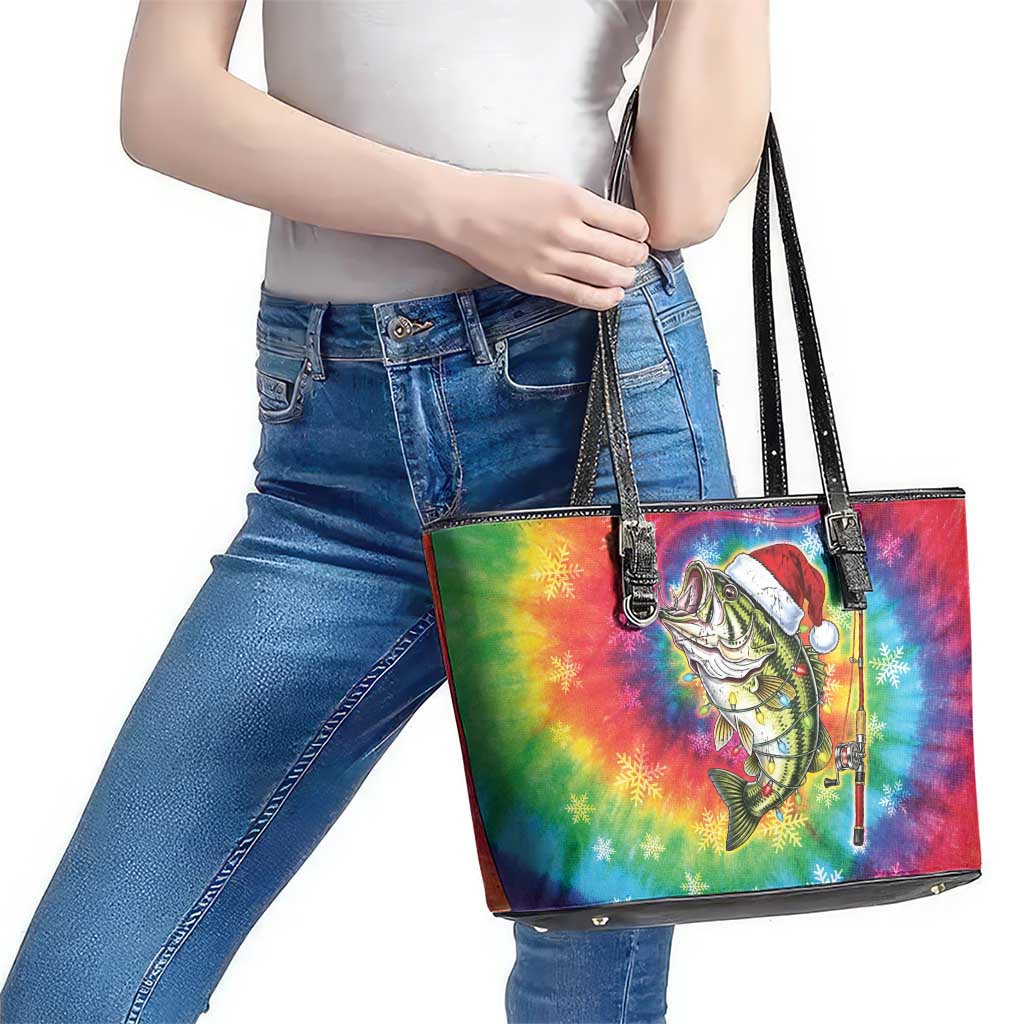 Funny Fishmas Bass Leather Tote Bag Merry Fishmas Tie-dye Christmas Vibes - Wonder Print Shop