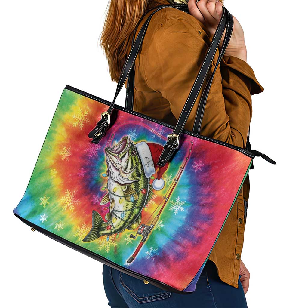 Funny Fishmas Bass Leather Tote Bag Merry Fishmas Tie-dye Christmas Vibes - Wonder Print Shop