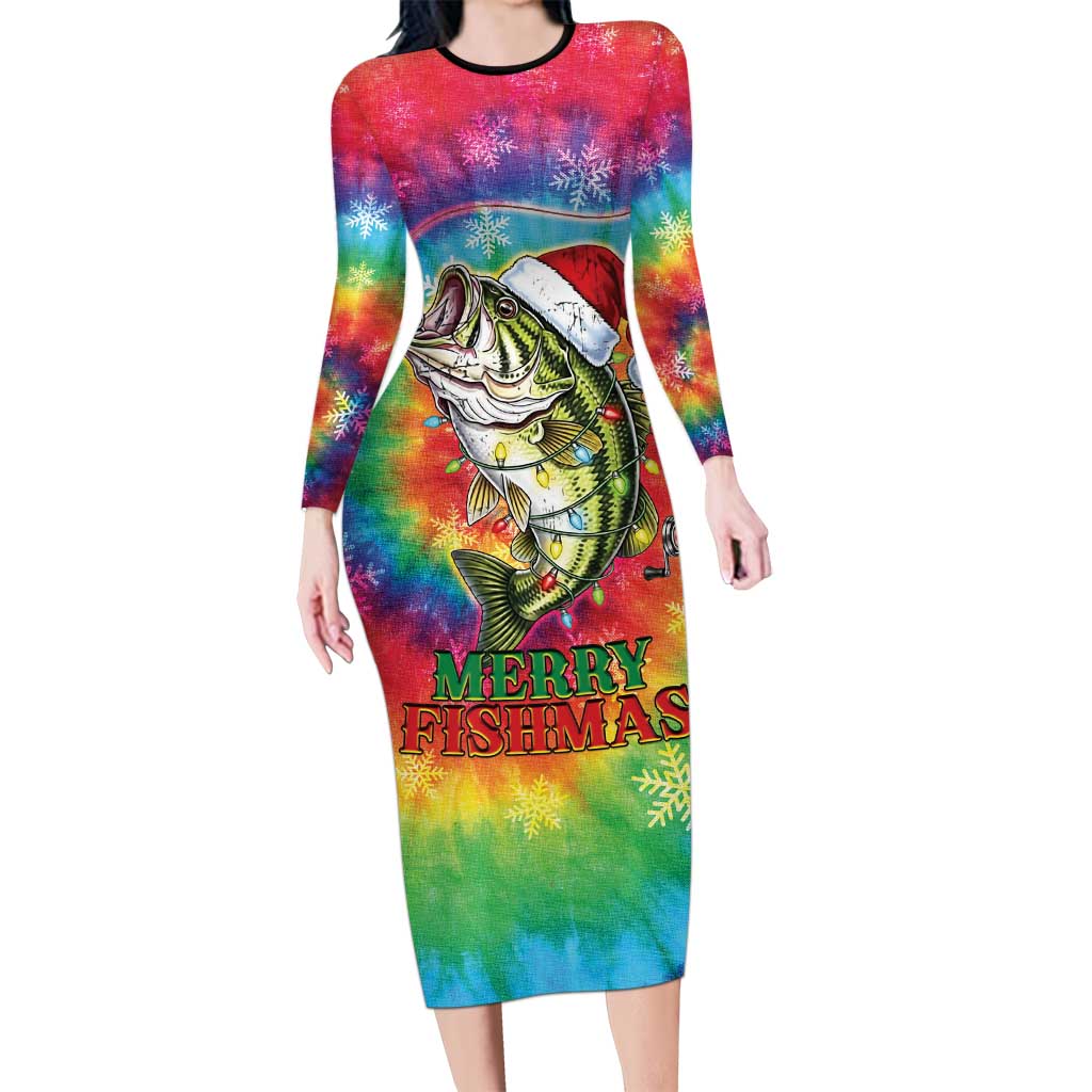 Funny Fishmas Bass Long Sleeve Bodycon Dress Merry Fishmas Tie-dye Christmas Vibes - Wonder Print Shop