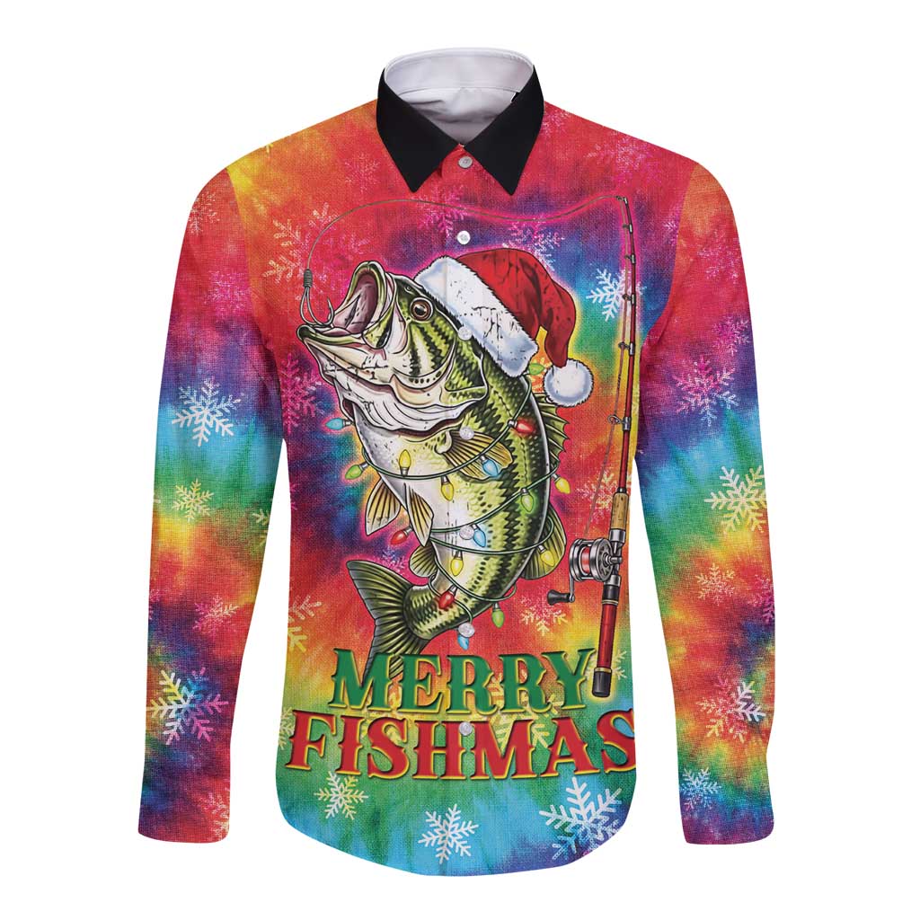 Funny Fishmas Bass Long Sleeve Button Shirt Merry Fishmas Tie-dye Christmas Vibes - Wonder Print Shop