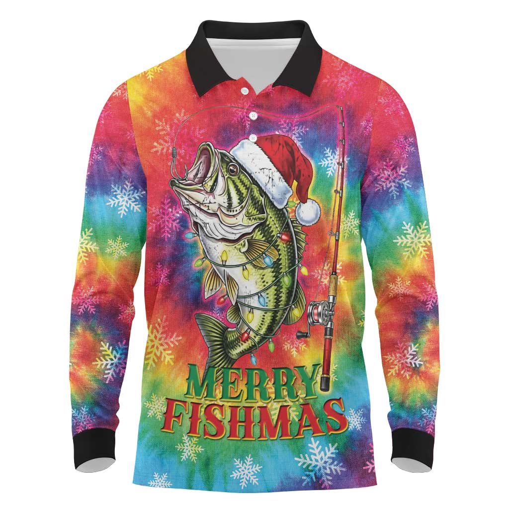 Funny Fishmas Bass Long Sleeve Polo Shirt Merry Fishmas Tie-dye Christmas Vibes - Wonder Print Shop