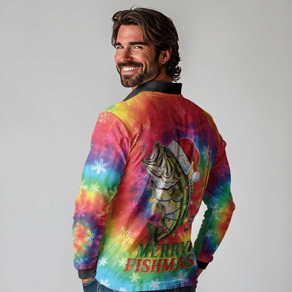 Funny Fishmas Bass Long Sleeve Polo Shirt Merry Fishmas Tie-dye Christmas Vibes - Wonder Print Shop