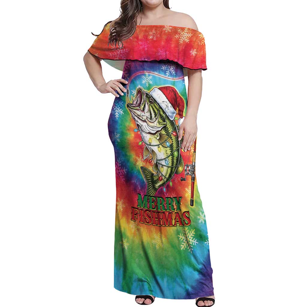 Funny Fishmas Bass Off Shoulder Maxi Dress Merry Fishmas Tie-dye Christmas Vibes - Wonder Print Shop