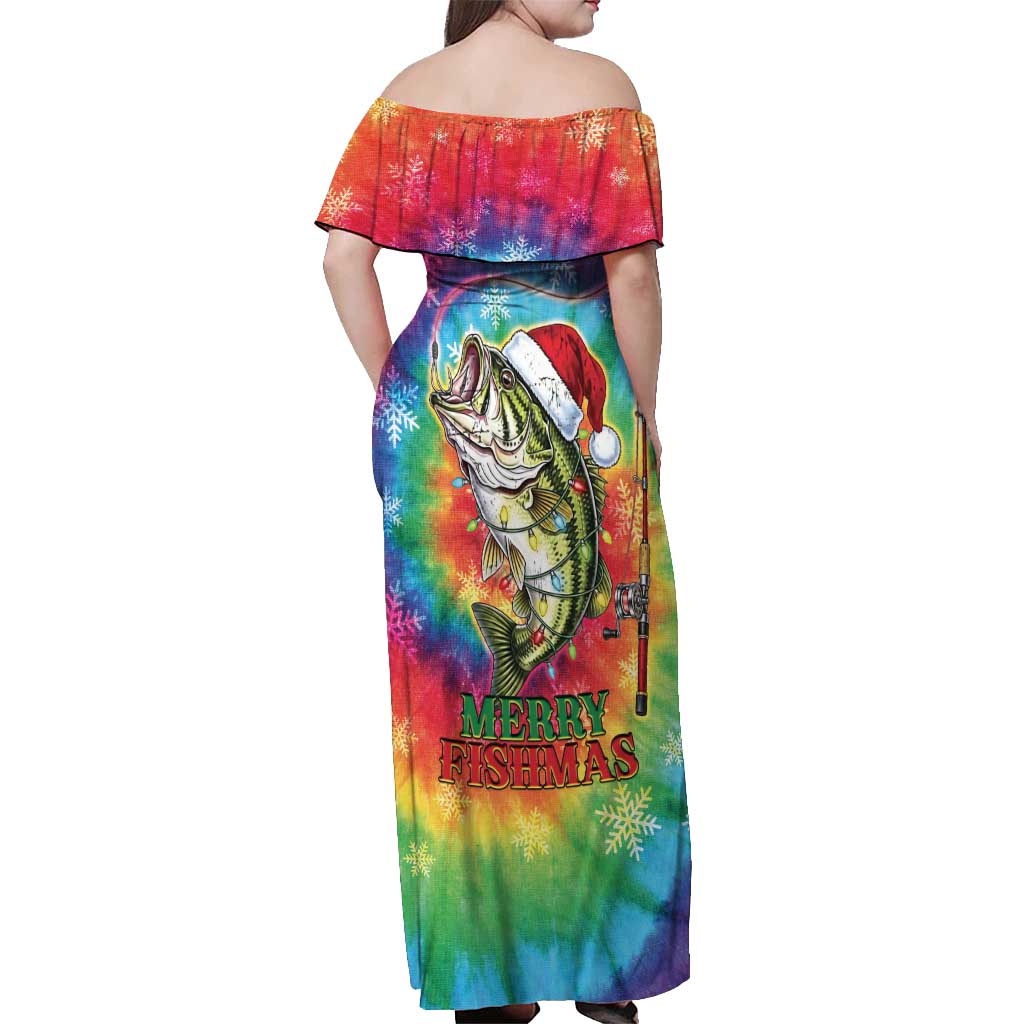 Funny Fishmas Bass Off Shoulder Maxi Dress Merry Fishmas Tie-dye Christmas Vibes - Wonder Print Shop