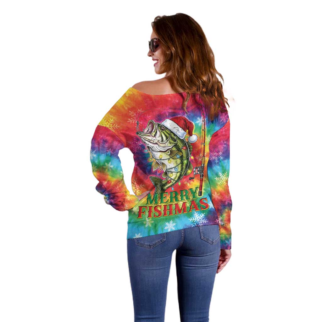 Funny Fishmas Bass Off Shoulder Sweater Merry Fishmas Tie-dye Christmas Vibes - Wonder Print Shop