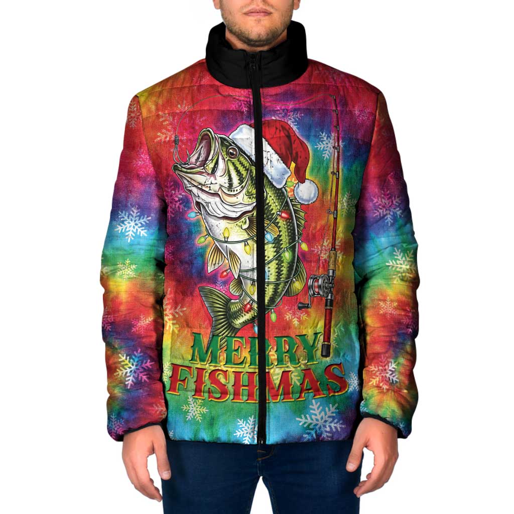 Funny Fishmas Bass Padded Jacket Merry Fishmas Tie-dye Christmas Vibes - Wonder Print Shop